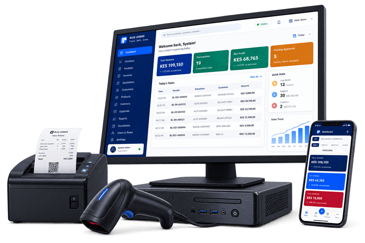 Blue Ledger POS running on a desktop monitor with a thermal receipt printer, barcode scanner and companion phone app