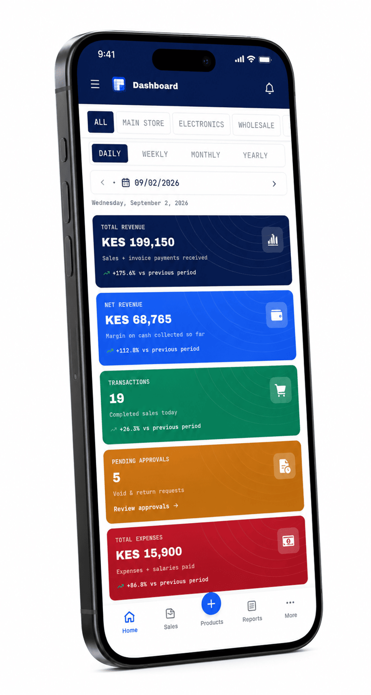Blue Ledger mobile app — live shop dashboard and mobile point of sale running on a phone